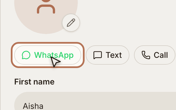 Quick-contact buttons open WhatsApp, Messages, the dialer or email.
