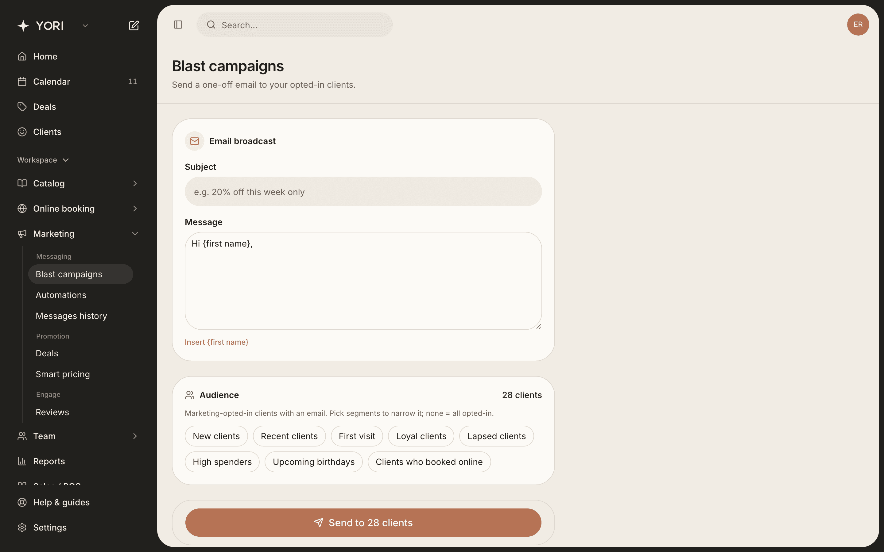 Write once; pick segments; the recipient count updates live.
