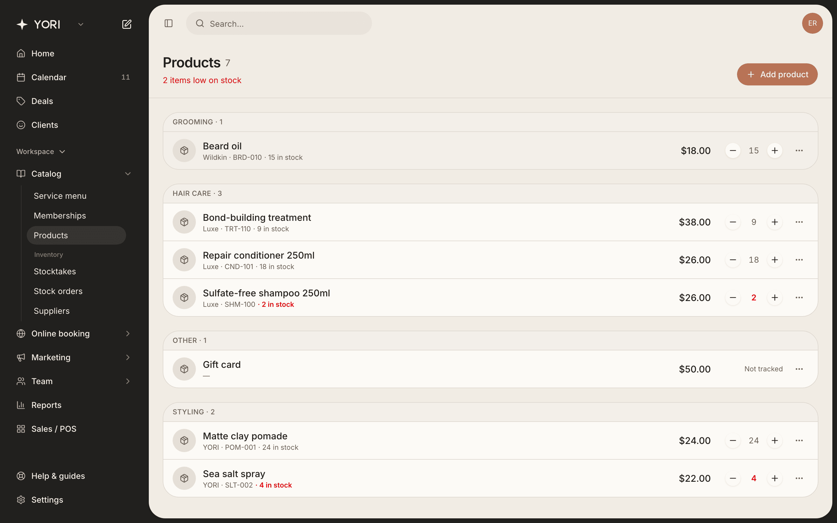 Low-stock items are flagged so you know when to reorder.